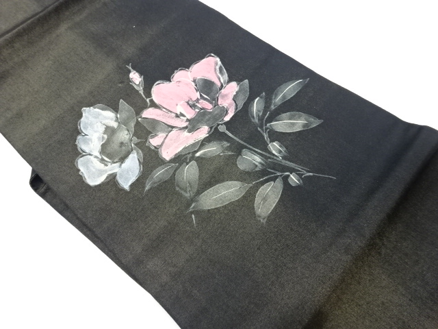 JAPANESE KIMONO / HAND-PAINTED ABSTRACT FLORAL / LEAF PATTERN NAGOYA O